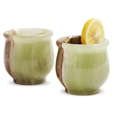 Imagem de Radicaln Copos de tiro de mármore de 5 cm Ônix verde feito à mão, conjunto de 2 copos de uísque para tequila, uísque e coquetéis, copos elegantes para acessórios de bar