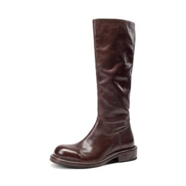 Imagem de BEAU TODAY Botas de cano alto para mulheres com zíper lateral de cavalo botas de motociclista moda confortável vestido casual salto baixo botas de equitação altas para mulheres, Café, 36