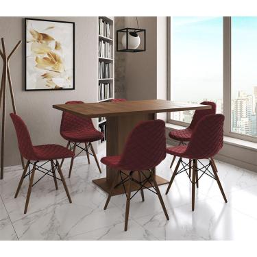Imagem de Mesa Jantar Londres Retangular Amêndoa 137X90Cm 6 Cadeiras Estofadas Vermelho Madeira