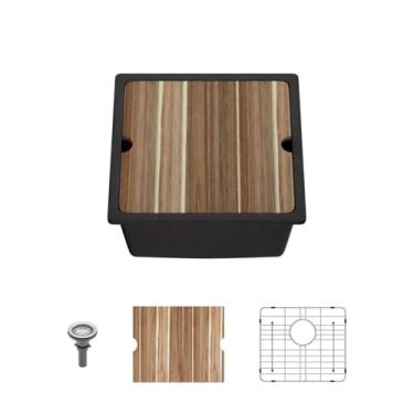 Imagem de Mocoloo Pia de barra composta de granito de 45,7 cm - Pia de cozinha para estação de trabalho com borda inferior preta 45,7 x 45,7 cm, quartzo preto fosco com tábua de corte