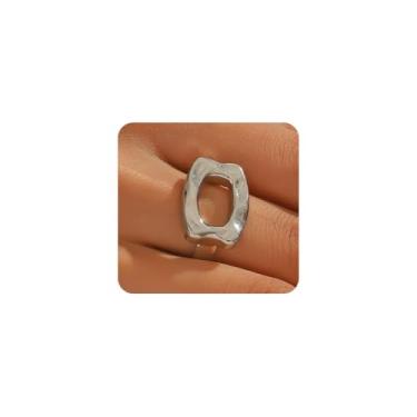 Imagem de Anel aberto com padrão de martelo grosso para mulheres, anel geométrico minimalista vintage vazado, acessórios de joias de banquete na moda, presentes, Large, Liga de aço, Sem pedra preciosa