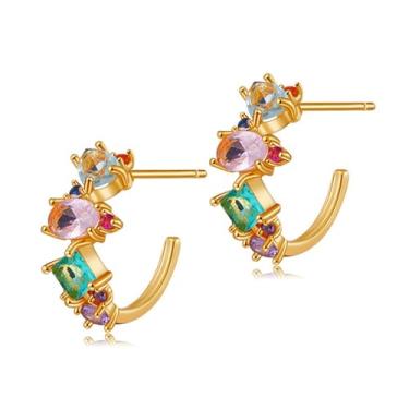 Imagem de RLHRNDE Brincos modernos de argola de ouro CZ para mulheres, arco-íris, banhado a ouro 14 K, joias delicadas de zircônia cúbica multicolorida, presentes para festa de Natal, aniversário, Medium, Metal