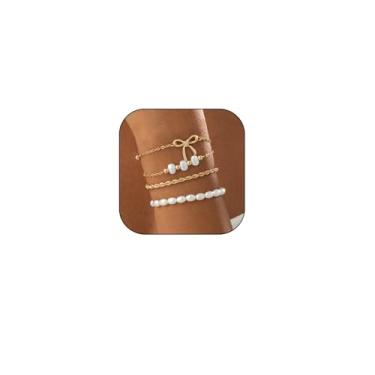 Imagem de ANGLEQUEEN Pulseiras de ouro para mulheres, conjunto de pulseiras empilháveis com laço de pérola, corrente de fita, pulseiras delicadas, boêmio, formatura, joias, acessórios, decorações de Natal