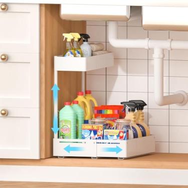 Imagem de REALINN Organizadores e armazenamento expansíveis sob a pia, organizador sob o armário de 2 níveis, suporte ajustável de altura para cozinha, banheiro, lavanderia, branco, 1 pacote