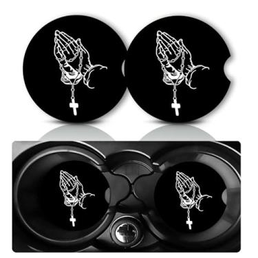 Imagem de Porta-copos de carro com gesto de oração cruzada, presentes de cruz religiosa para mulheres e homens, tapete de bebida interior de veículo, porta-copos de carro de neoprene para decoração de