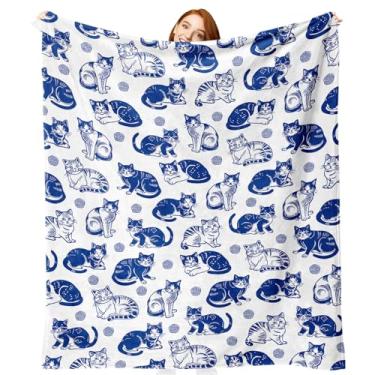 Imagem de Zzkol Cobertor de flanela de gato azul e branco, presentes de aniversário para crianças, homens, mulheres, donos de animais de estimação, cobertores macios vintage para sofá de cama 127 x 152 cm