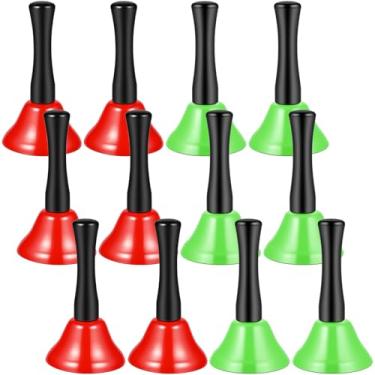 Imagem de 12 peças de sino de mão de Natal, cabo de madeira, aço metálico para adultos, sinos de madeira duráveis perfeitos para ensinar música, festas de fim de ano, coros de igreja e celebrações de Natal