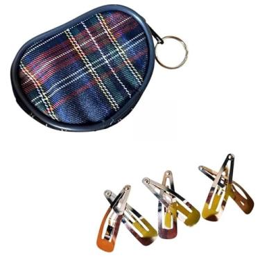 Imagem de Kit Presilha Tic Tac de Cabelo Tamanho Grande Metal Dourado 3 pares + 1 Porta Niquel Moeda Xadrez Coração Azul Luxo