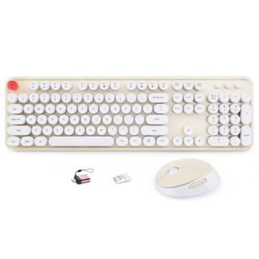Imagem de HotFox Combo de teclado e mouse sem fio, teclado de máquina de escrever retrô de tamanho completo com teclas redondas, design ergonômico para Windows PC, uso doméstico e escritório – creme
