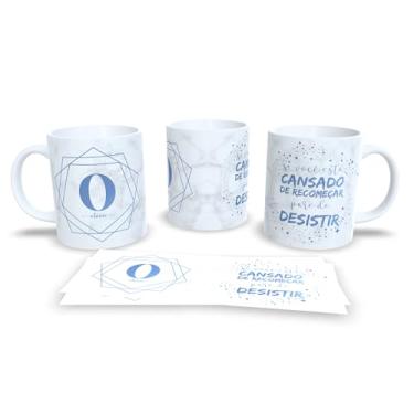 Imagem de Caneca de Cerâmica Personalizada com Monograma e Frase Motivacional, Mármore Branco e Azul, 325ml, Design Geométrico (o)