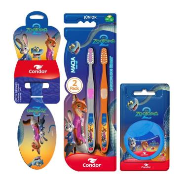 Imagem de Kit Escova para Cabelo Oval + Escova Dental Infantil Macia 2 Unid + Fio Dental com Cera Tutti-Frutti