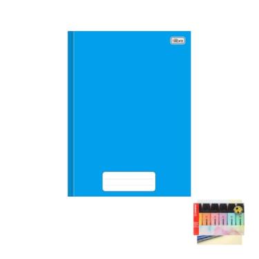 Imagem de Kit Caderno Brochura Capa Dura Pepper Azul 80 Folhas + Caneta Esferográfica Pote 24 Unidades + Marca Texto Boss 6 Cores Pastel