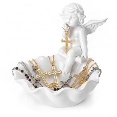 Imagem de Qinyoung Estátua vintage de anjo de querubim católico suporte de rosário com asas anjo recipiente de água benta 13 cm H joias colar suporte de anel presente cristão para mulheres religiosas casa