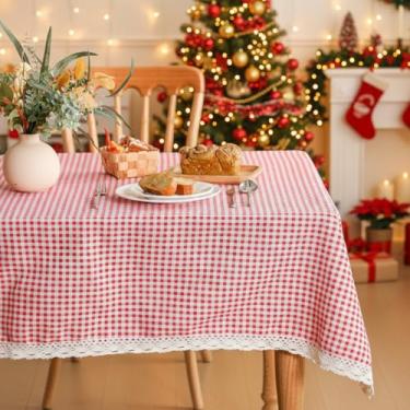 Imagem de Moukeren Toalha de mesa xadrez vintage vermelha branca com acabamento em renda, toalha de mesa 132 x 178 cm, retangular, lavável, sem rugas, decoração de mesa para cozinha, jantar, festa, casa, dia