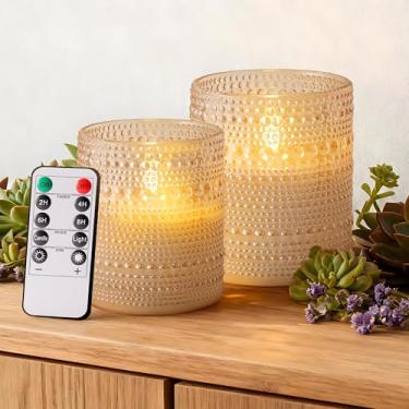 Imagem de Velsyn Velas de vidro pontilhado sem chama com temporizador remoto, velas de pilar de LED de cera real operadas por bateria com chama cintilante 3D para decoração de festa de casamento, festa, 7,6 x