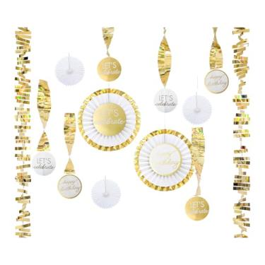 Imagem de Kit de decoração de festa de aniversário dourado – 13 peças de leques de papel pendurados em ouro branco e metálico, redemoinhos de alumínio e guirlanda de franjas para adultos, adolescentes, crianças
