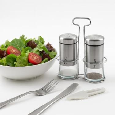 Imagem de Conjunto Saleiro e Pimenteiro com Suporte Galheteiro – Vidro 100ml, Tampa Metálica e Design Elegante para Temperos