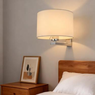 Imagem de GZZBMY E27 Lâmpadas de parede internas Arandela de metal moderna com tecido redondo Abajur Iluminação de parede de cabeceira para quarto sala de estar escada (sem lâmpada) (Redondo, Prata Branco)
