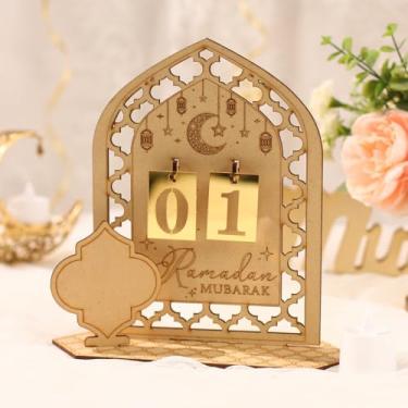 Imagem de Calendário de madeira vazado do Ramadã, calendário de contagem regressiva do advento Eid Ramadan Mubarak com 12 quadros numéricos de acrílico dourado, decoração de casa para crianças