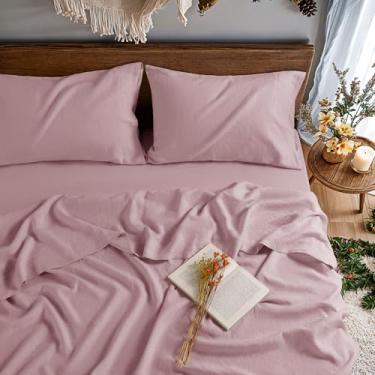 Imagem de REDASW Jogo de cama 100% France Linen California King, 4 peças, lençol com elástico alto, 40,6 cm, respirável, luxuoso, macio para todas as estações (bordado roxo, California King)