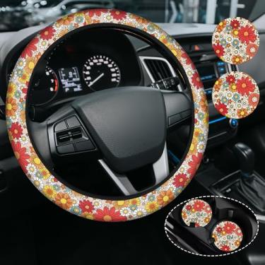 Imagem de Capa de volante de margarida colorida com flores fofas para mulheres e homens, antiderrapante de alta elasticidade, acessórios de carro, capas de volante, universal de 38 cm para carros, SUVS, inclui