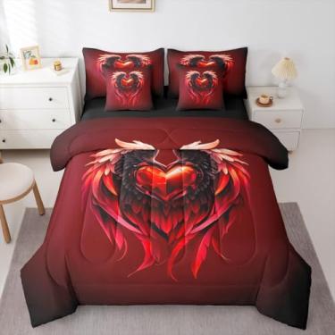 Imagem de Erosebridal Jogo de cama solteiro de 7 peças com corações de amor e asas vermelhas e brancas | Conjunto de edredom ombré romântico para adultos com lençóis, cama de dia dos namorados em uma bolsa