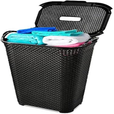 Imagem de Cesto de roupa suja para lavanderia com tampa basculante preta, grande.