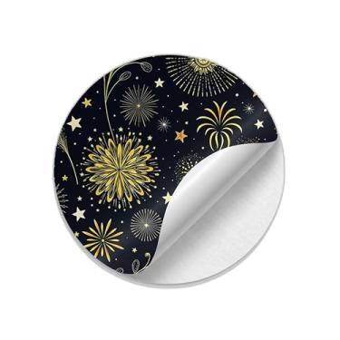 Imagem de Autocolantes Adesivos Redondos 25 Unidades Ano Novo Fogos de Artifício e Estrelas Douradas - Tamanho 30x30cm