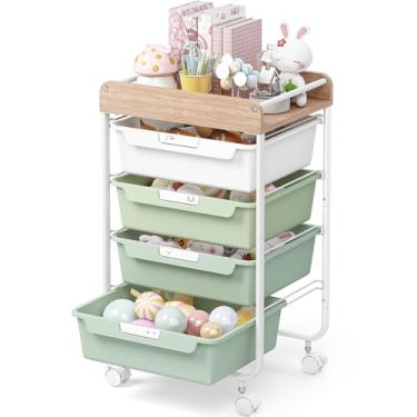 Imagem de SYKIARIOL Carrinho utilitário com 4 gavetas com tampa e alça de madeira, carrinho de armazenamento de artesanato com rodas bloqueáveis, carrinho organizador multiuso para casa, escritório, quarto