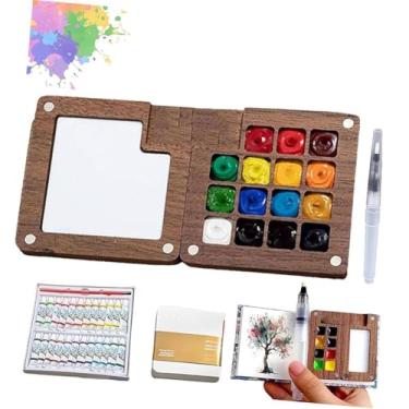 Imagem de Mini kit de viagem em aquarela com, mini kit de caderno de esboços de cor de água de madeira, para iniciantes com tintas coloridas de 12/24 (nogueira-15 grades)