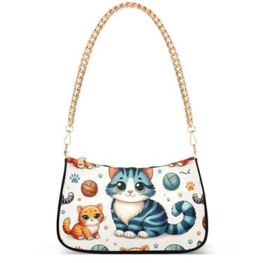 Imagem de Bolsas femininas de inverno com pintura de trem da vila fofas pequenas bolsas femininas bolsas femininas com corrente de ombro bolsas de ombro festa, Gato fofo de desenho animado