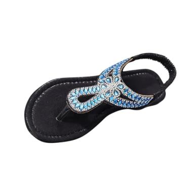 Imagem de Sandália feminina estilo tanga romana de strass com tira elástica, boêmia, casual, Azul royal, 36