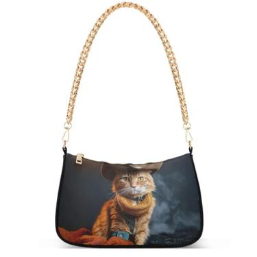 Imagem de Bolsa feminina pequena para celular flamingos rosa aquarela praia pequena bolsa de mão fofa bolsa de ombro, Gato caubói malhado laranja