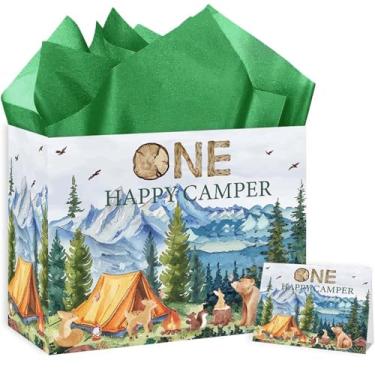 Imagem de RTMISA One Happy Camper Saco de presente de aniversário com papel de seda e cartão de felicitações Saco de papel de embrulho de presente de aniversário de um ano de idade, embalagem de presente de