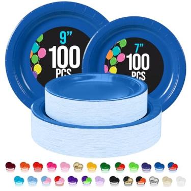 Imagem de Party Solids Pratos de papel azul escuro requintados descartáveis resistentes 200 peças - 254-18 cm e 254-23 cm pratos descartáveis azuis escuros para festa, serviço pesado, 350 g/m² para artigos de