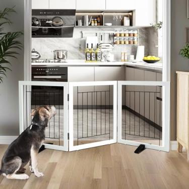 Imagem de Cerca interna para cães – Portão independente de 3 painéis para portas, corredores, casa ou escadas - animal de estimação de madeira retrátil dobrável expansível 152 x 60 cm da SFJC (branco)