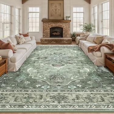 Imagem de RELEANY Tapetes de área 25 x 30 cm, lavável, antiderrapante, estampa floral, vintage, tapete medalhão para sala de estar, quarto, sala de jantar, verde escuro, cinza