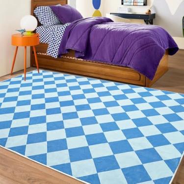 Imagem de USTIDE Tapete xadrez azul 1,2 x 1,8 m lavável à máquina, tapete xadrez azul claro para corredor, quarto, meninas, quarto de bebê, decoração