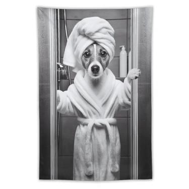 Imagem de Jack Russell Tapeçaria de Roupão Preto Branco Cena de Chuveiro Bonito Pet Arte Pendurada na Parede Decoração de Casa Caprichosa para Banheiro Sala de Estar Ambiente Brincalhão Tapeçaria 40 x 60