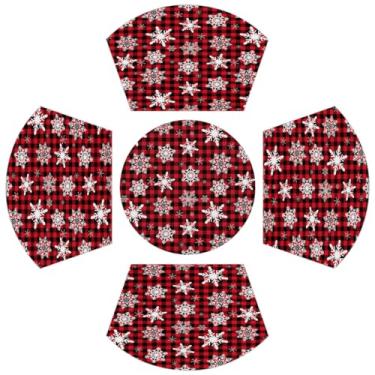 Imagem de Jogo americano de Natal, conjunto de 4 jogo americano xadrez vermelho búfalo redondo com mesa central lavável resistente ao calor, tapetes de mesa para decoração de mesa de jantar