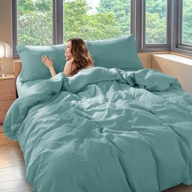 Imagem de Shilucheng Conjunto de capa de edredom 100% linho, capa de edredom luxuosa de linho puro, capa de edredom respirável refrescante 3 peças (king, água)