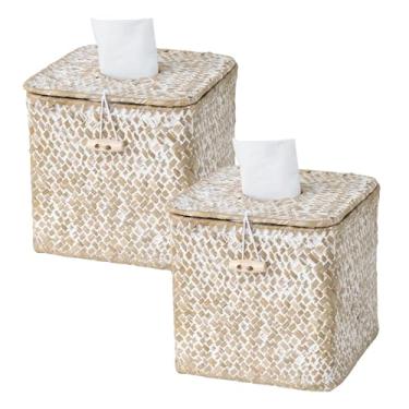 Imagem de Pacote com 2 capas quadradas para caixa de lenços de papel, porta-lenços de algas marinhas com tampa, caixa de lenços de vime decorativa para mesa de banheiro, escritório, lavagem branca
