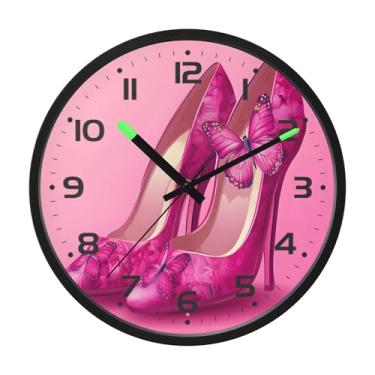 Imagem de SEHANY Relógio de parede de salto alto rosa moderno, silencioso, sem tique-taque, operado por bateria, controle de som, luz noturna, relógios de parede para sala de estar, cozinha, quarto, escritório