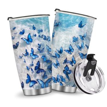 Imagem de Garrafa de água de viagem copos isolados praia borboleta caneca de café meninas mulheres presentes para Natal, aniversário, crianças, dia das mães, presente de aniversário 590 ml, quente e frio gelado
