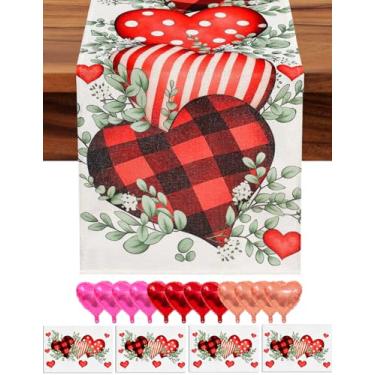 Imagem de multiwins Conjunto de corredor de mesa e jogo americano para o dia dos namorados: 33 x 122 cm caminho de mesa xadrez com 4 tapetes combinando de 30 x 45 cm - Inclui balão Love, 12 balões de coração