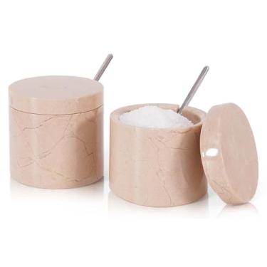 Imagem de SPESHSTONES Adega de sal de mármore com tampa e colher Conjunto de 2 recipientes de tempero bege feito à mão para bancada - açucareiro, potes de especiarias, caixa de sal escamosa, suporte de sal para