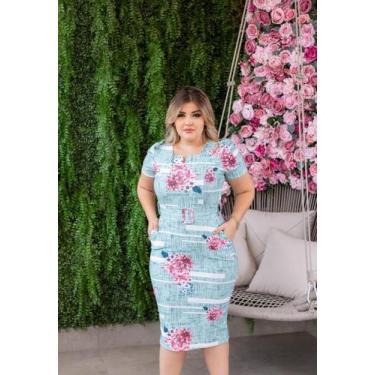 Imagem de vestido midi tubinho estampado acompanha cinto. - Bia Modas, Verde beb