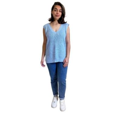 Imagem de Colete Blusa De Tricot Feminina Gola V - LIVORA, Azul claro