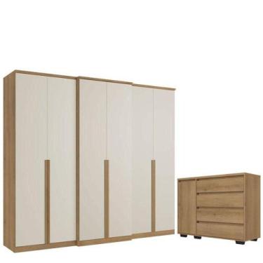 Imagem de Guarda Roupa Casal Valência 6 Portas Capuccino Off White E Cômoda Com 