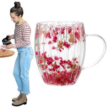 Imagem de Caneca de vidro de flores secas,Caneca de flores secas | Xícaras de chá transparentes de parede dupla 300ml com alça,Copos para bebidas quentes e frias, canecas de leite